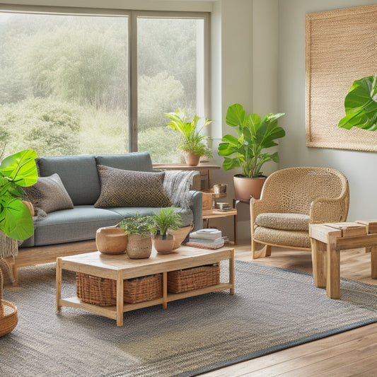 A bright, modern living room with a repurposed wooden crate coffee table, woven baskets on a floating shelf, and a geometric-patterned rug, surrounded by lush greenery and natural light.