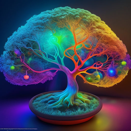 A vibrant, 3D mind map with glowing, curved branches radiating from a central hub, featuring various colorful nodes, icons, and abstract shapes, surrounded by subtle, swirling clouds of thought.