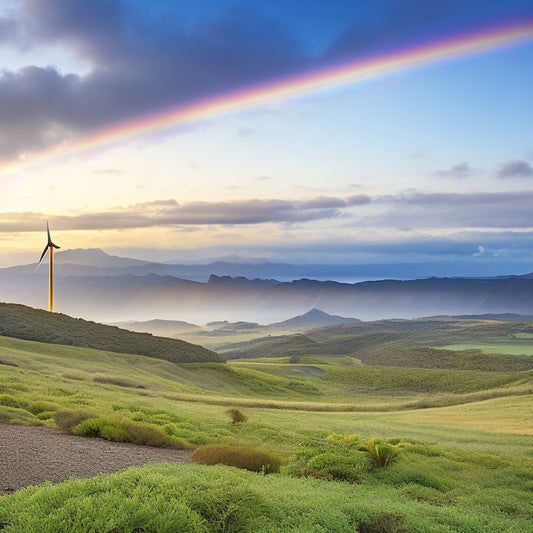 A serene Hawaiian landscape at dawn with a range of solar panels on the left, a wind turbine in the distance, and a rainbow-colored arc bridging the horizon, symbolizing a sustainable future.