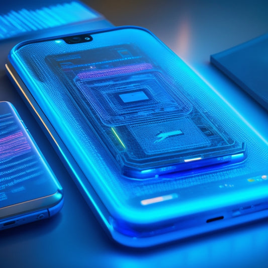 A futuristic Android smartphone with glowing blue circuits and wires visible underneath its transparent screen, surrounded by neatly organized files and folders in a 3D holographic interface.