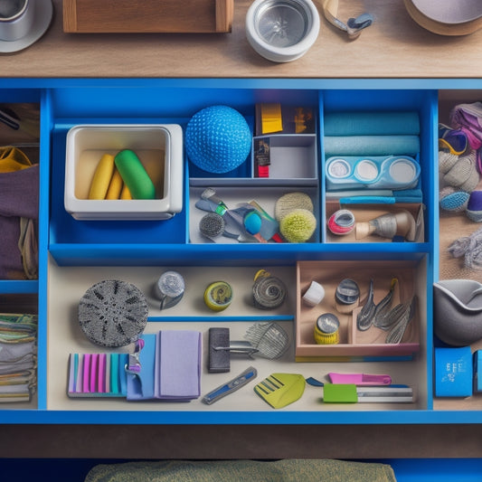 A cluttered drawer overflowing with miscellaneous items, next to a drawer transformed with colorful, custom DIY dividers, holding neatly organized clothes, office supplies, and kitchen utensils.