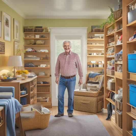 An older adult, smiling, stands in a clutter-free living room with a custom-built shelving unit, pull-out drawers, and a walk-in closet with labeled storage bins and a seated area.