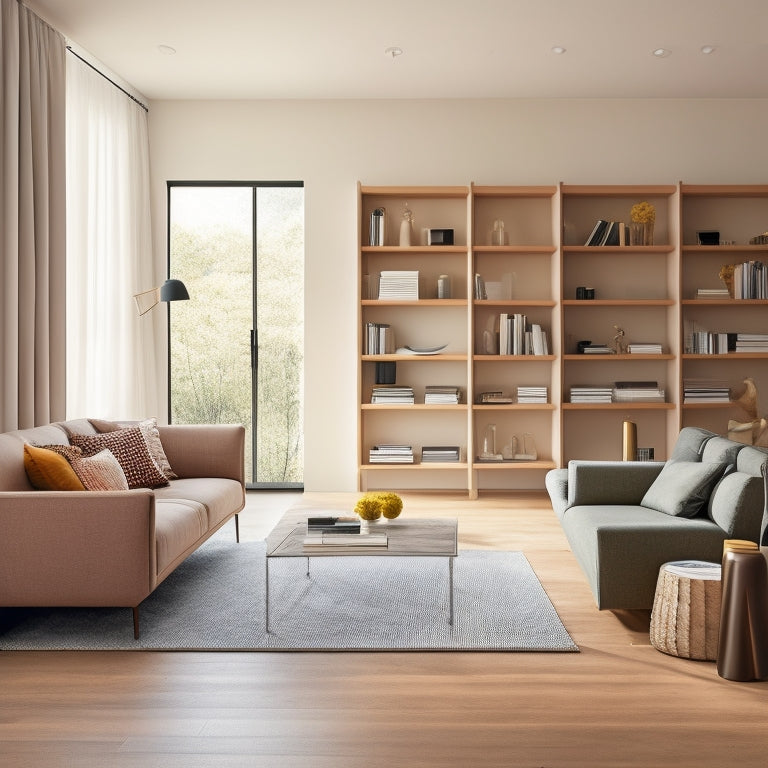 A minimalist living room with a sleek, low-profile sofa, a compact coffee table, and a floor-to-ceiling shelving unit with sliding doors, showcasing a clutter-free space.