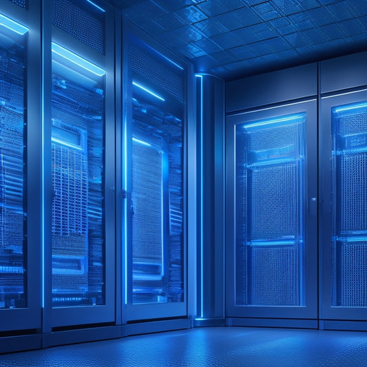 A futuristic data center with rows of sleek, silver racks, glowing blue LED strips, and holographic displays projecting 3D storage arrays and circuit diagrams.