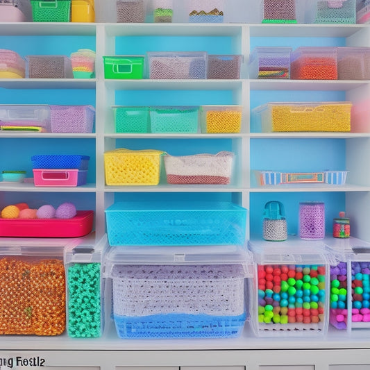 A colorful, neatly organized craft room shelf with transparent storage bins, each filled with Perler beads of different shapes and colors, alongside a few Perler bead creations and a small ironing board.