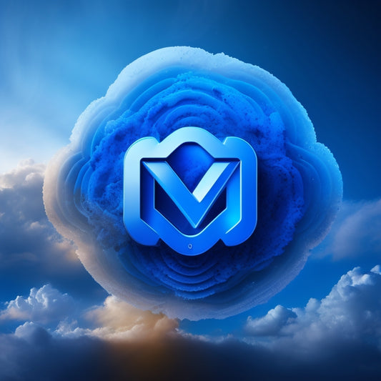 A futuristic, high-tech illustration of a Magento 2 logo merged with an Azure Blob Storage icon, surrounded by swirling clouds and gears, with a subtle gradient of blue and silver hues.