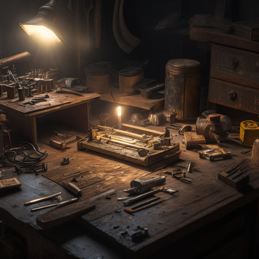 A worn, wooden workbench cluttered with scattered tools, circuit boards, and device components, with a single, pristine, open repair handbook lying in the center, surrounded by a halo of light.