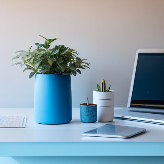 A clutter-free desk with a sleek, silver laptop, a small potted plant, and a minimalist wooden pen holder, set against a calming light-blue background with a subtle texture.