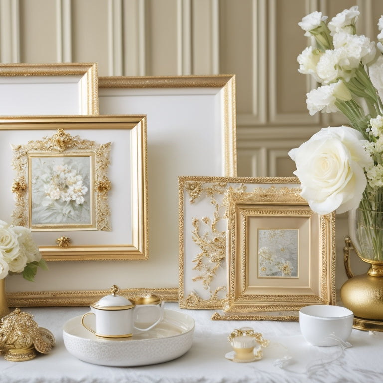 A soft, ivory-hued background adorned with delicate, hand-painted gold florals, surrounded by intricately designed, ornate picture frames showcasing elegant, upscale household items and luxurious linens.