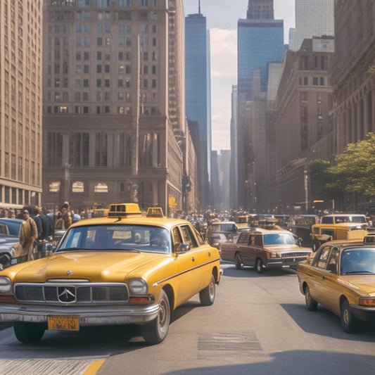 A bustling NYC street with a yellow taxi cab in the foreground, a construction site with a DOB NOW logo on the fence, and a subtle grid of skyscrapers in the background.