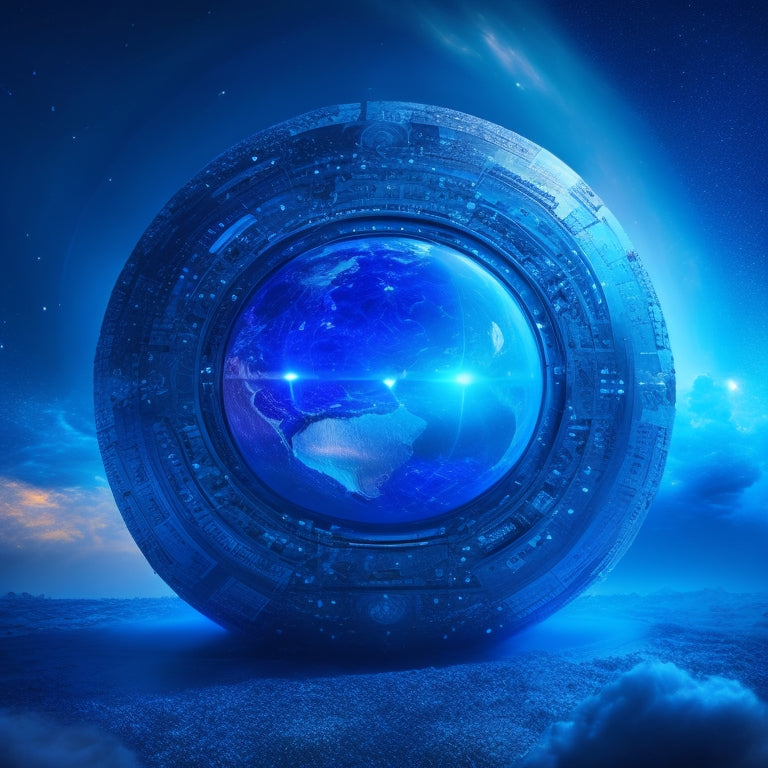 A futuristic, spherical data vault with glowing blue circuits, surrounded by orbiting, swirling clouds of 1s and 0s, amidst a dark, starry background, radiating a sense of security and protection.