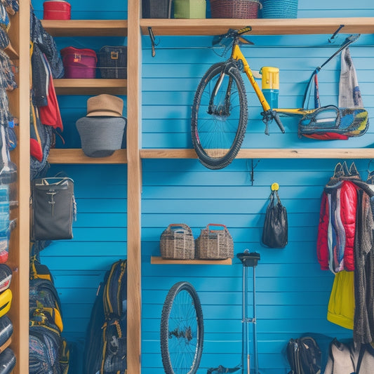 A colorful, organized outdoor gear closet with a mountain bike suspended from the ceiling, camping backpacks stacked on shelves, and a pegboard displaying hiking poles and water bottles.