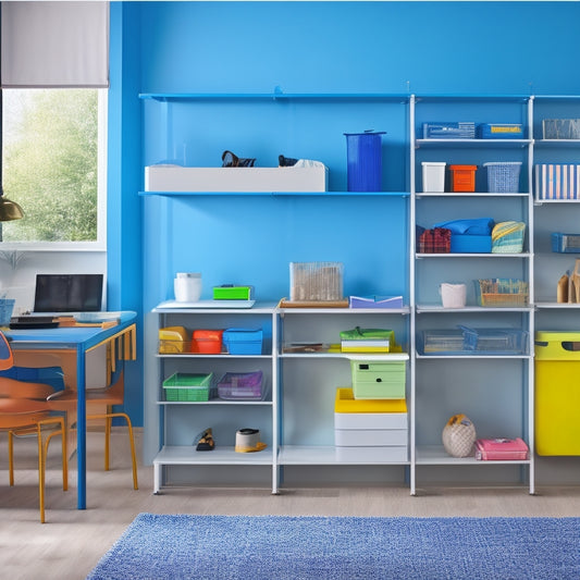 A tidy, modern room with customizable shelving units, colorful storage bins, and adjustable drawer organizers, showcasing a harmonious blend of form and function.
