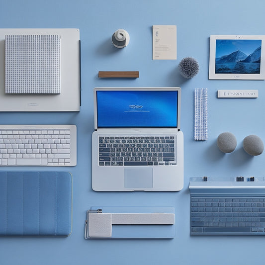 A minimalist desk with a sleek laptop, a tidy cord organizer, and a few carefully arranged folders, surrounded by a subtle background of calming blue and white pixels.