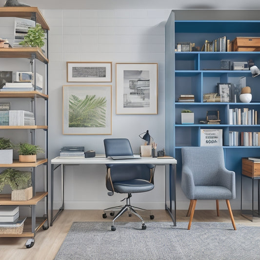 A tidy home office with a sleek, minimalist desk, a modern ergonomic chair, and a floor-to-ceiling shelving unit, featuring a stack of colorful, neatly labeled blueprint organizers with rolled-up plans inside.