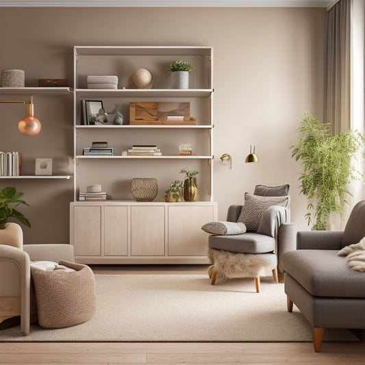 A clutter-free, minimalist living room with a sleek, wall-mounted shelving unit, a storage ottoman, and a few, selectively placed decorative items, surrounded by warm, soft lighting and a clean, neutral color palette.