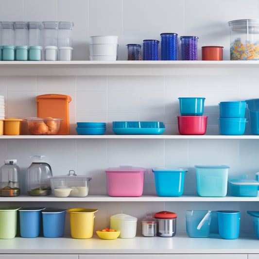A bright, modern kitchen with sleek countertops, featuring a variety of Tupperware containers in different shapes and sizes, stacked and arranged neatly on shelves and in cabinets.