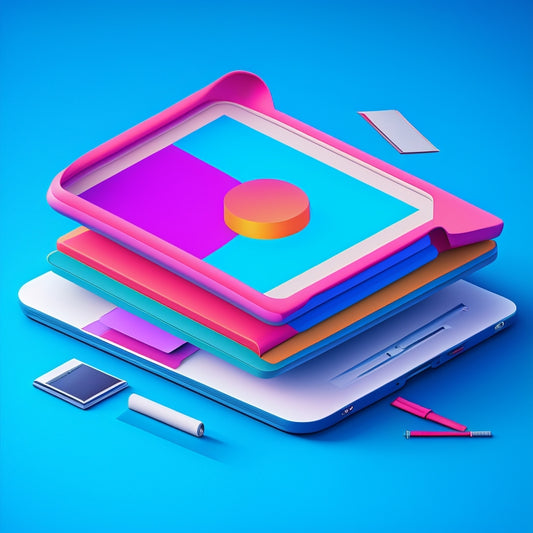 An illustration of a Mesa tablet surrounded by floating files and folders of various colors, with stylized arrows and lines connecting them, conveying seamless sharing and collaboration.