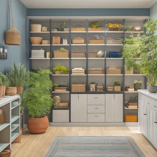 A modern, sleek, and organized storage space with rows of floor-to-ceiling cabinets featuring Glide-Out 100 systems, with open shelves and baskets, and a few decorative items and plants.