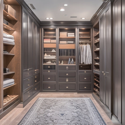 A serene, modern walk-in closet with floor-to-ceiling, custom-built cabinetry in a rich, dark wood tone, featuring pull-out shelves, velvet-lined drawers, and a central, marble-topped island with a built-in jewelry armoire.