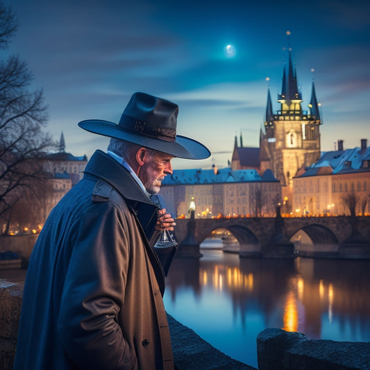 A moonlit Prague cityscape with Nancy Drew, dressed in a trench coat and fedora, standing in front of the Charles Bridge, holding a magnifying glass and gazing up at the Gothic spires of St. Vitus Cathedral.