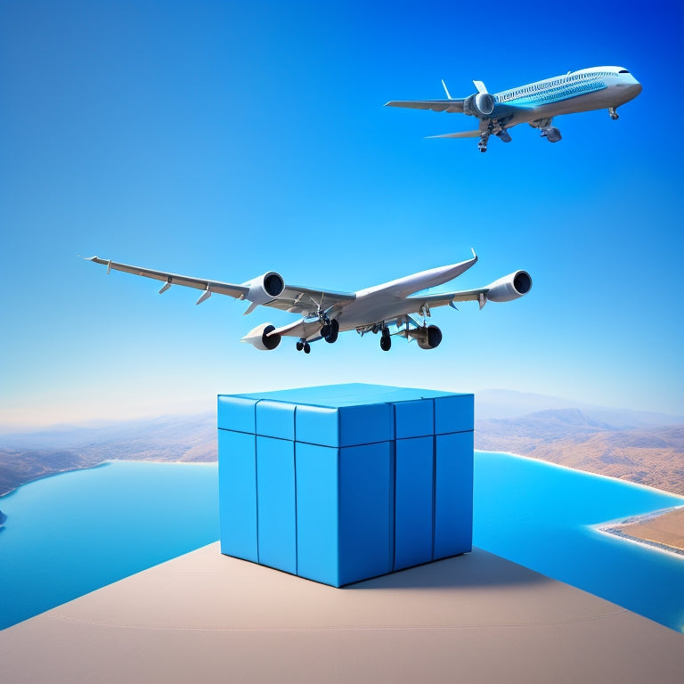 A stylized globe with a subtle grid pattern, surrounded by various shipping boxes, envelopes, and a few airplanes flying in the background, set against a light blue gradient.