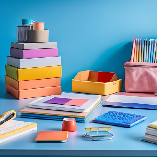 A colorful, clutter-free desk with a neatly labeled file organizer, a stack of sorted papers, a pen holder, and a small, decorative paper tray, surrounded by a subtle, gradient background.