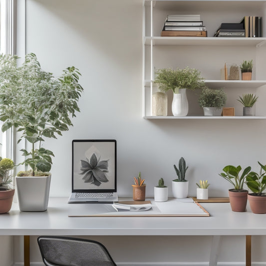 A serene, minimalist home office with a tidy desk, a few organized shelves, and a laptop open to a course website, surrounded by a few neatly labeled folders and a single, blooming plant.