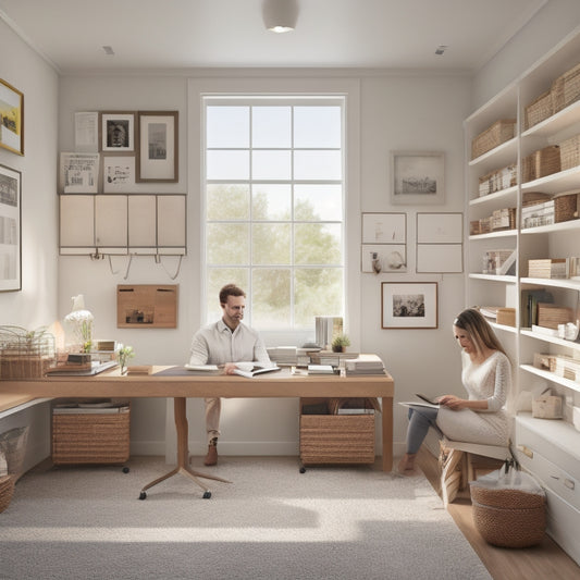 A serene, minimalist home office with a newlywed couple in the background, surrounded by organized bookshelves, a tidy desk, and a pegboard with labeled baskets and hooks.