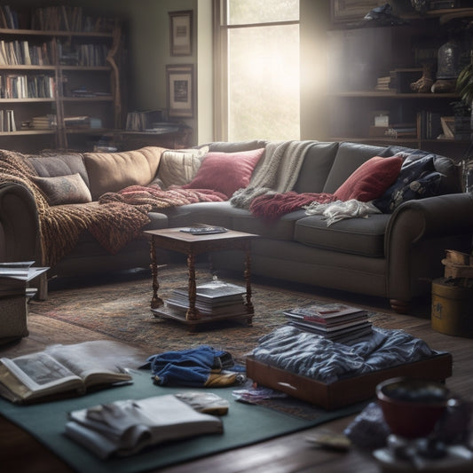 A messy living room with a cluttered coffee table, piles of clothes and books scattered around, and a worn-out couch in the background, with a faint glimpse of a tidy room through an open door.