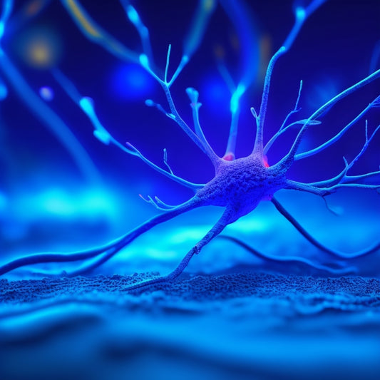 A microscopic, glowing blue neuron surrounded by swirling, iridescent DNA helices, amidst a dark, gradient background, with subtle, shimmering light effects, evoking discovery and innovation.