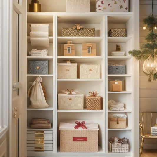 A tidy, well-lit closet with stacked, labeled gift boxes, a shelf of wrapped presents, and a pegboard with hung gift bags, ribbons, and bows, surrounded by a calm, creamy background.