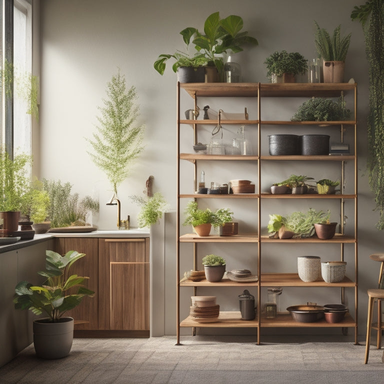 A minimalist kitchen with soft, warm lighting, featuring a mix of repurposed crates, wooden dowels, and metal pipes forming a unique shelving system, surrounded by lush greenery and a few cookbooks.