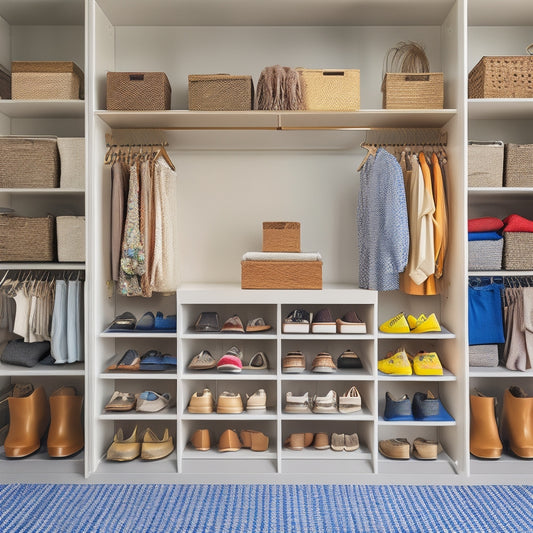 A cluttered reach-in closet with clothes spilling out, shoes scattered, and shelves overflowing, juxtaposed with a sleek, organized version featuring custom shelves, drawers, and a shoe rack, with a bright, airy background.