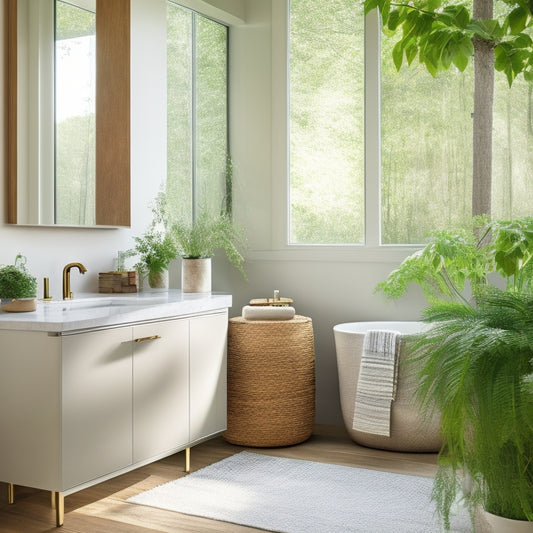 A serene, modern bathroom with a floating vanity, a wall-mounted cabinet, and a woven basket beside a freestanding tub, surrounded by lush greenery and soft, natural light.