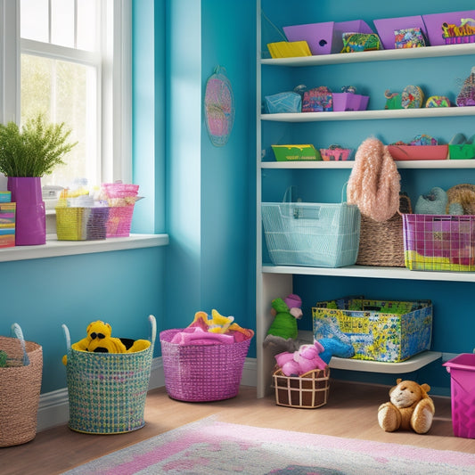 A colorful, clutter-free playroom with labeled bins and baskets, showcasing toys organized by category, with a subtle spring-inspired background featuring blooming flowers or greenery.