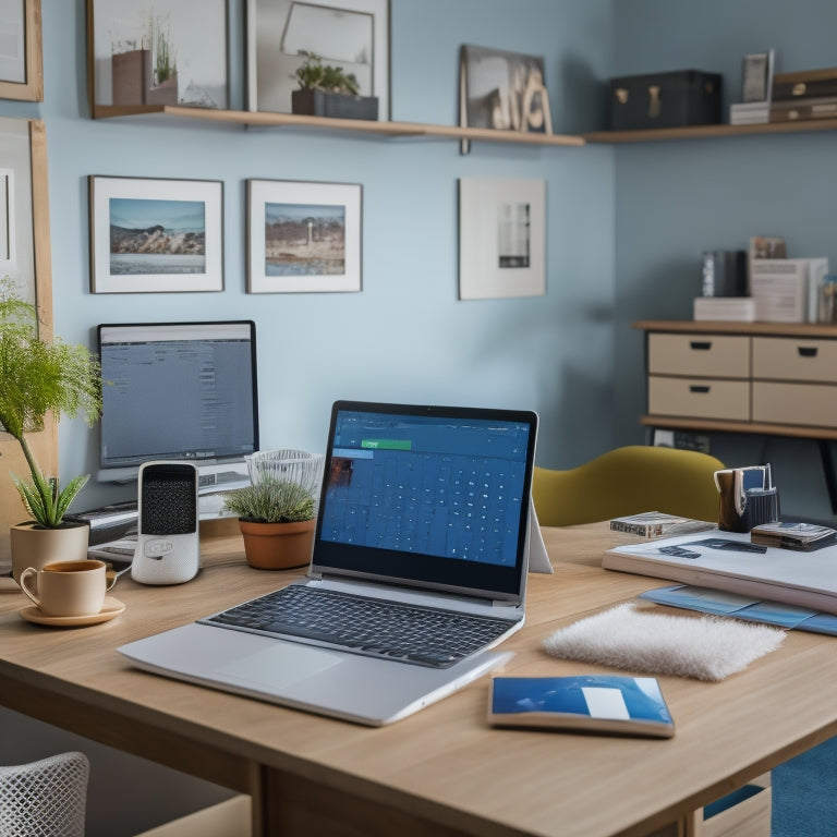 A tidy, modern home office with a laptop and smartphone displaying a calendar and to-do lists, surrounded by organized folders, color-coded tabs, and a few neatly placed household items.
