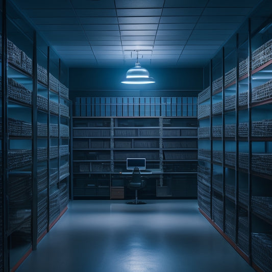An image depicting a dimly lit, state-of-the-art archival facility with rows of shelves lined with neatly labeled storage units, reel-to-reel machines, and a workstation with a monitor displaying a waveform.