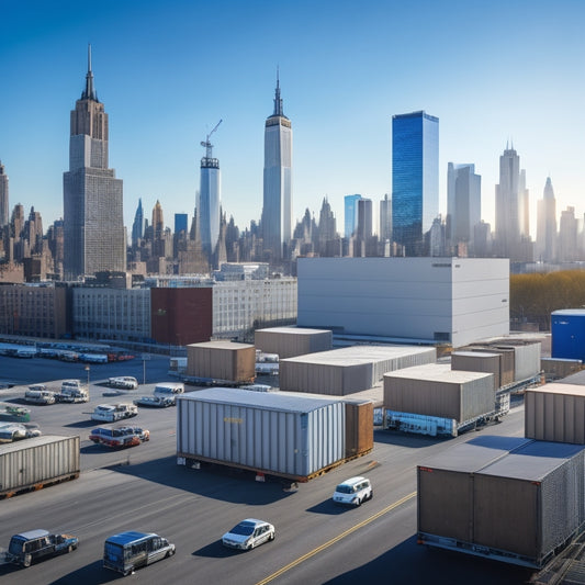 A cityscape of NYC with a large, modern, silver storage facility in the foreground, surrounded by moving trucks, boxes, and people carrying luggage, set against a bright blue sky.