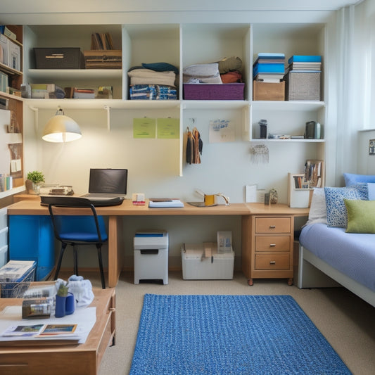 A tidy college dorm room with a neatly made bed, a desk organized with labeled folders and a minimalist laptop setup, and a closet with color-coded storage bins and a few hung garments.