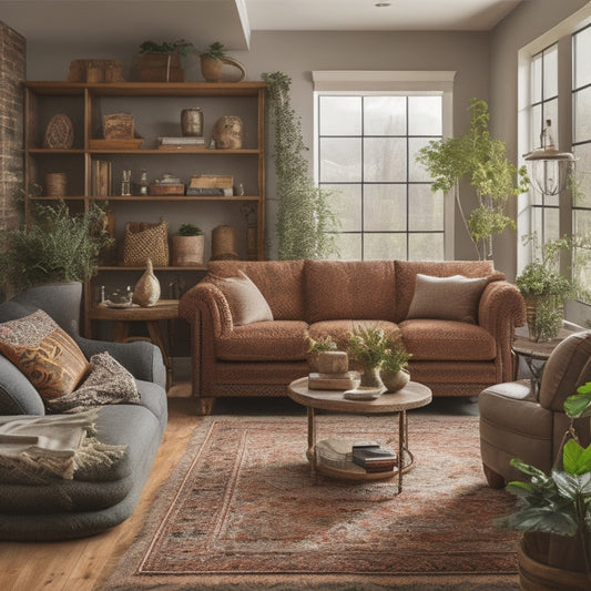 A warm, inviting living room with a plush sectional sofa, soft rug, and a floor-to-ceiling shelving unit made of reclaimed wood, holding vintage decorative items, potted plants, and a few favorite books.
