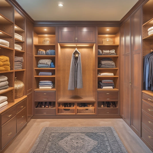 A serene, luxurious walk-in closet with soft, warm lighting, featuring a combination of floor-to-ceiling shelves, drawers, and rods in a rich, dark wood tone, surrounded by plush carpeting and a few scattered, stylish shoes.