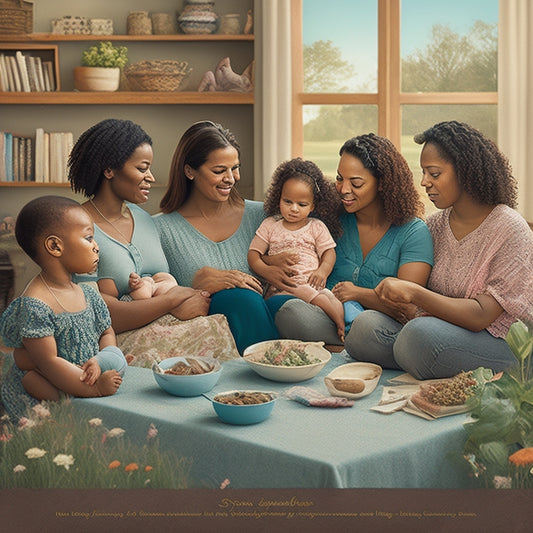 A warm, inviting illustration featuring a diverse group of breastfeeding mothers and babies, surrounded by open books, breastfeeding pillows, and subtle hints of a Kansas prairie landscape.