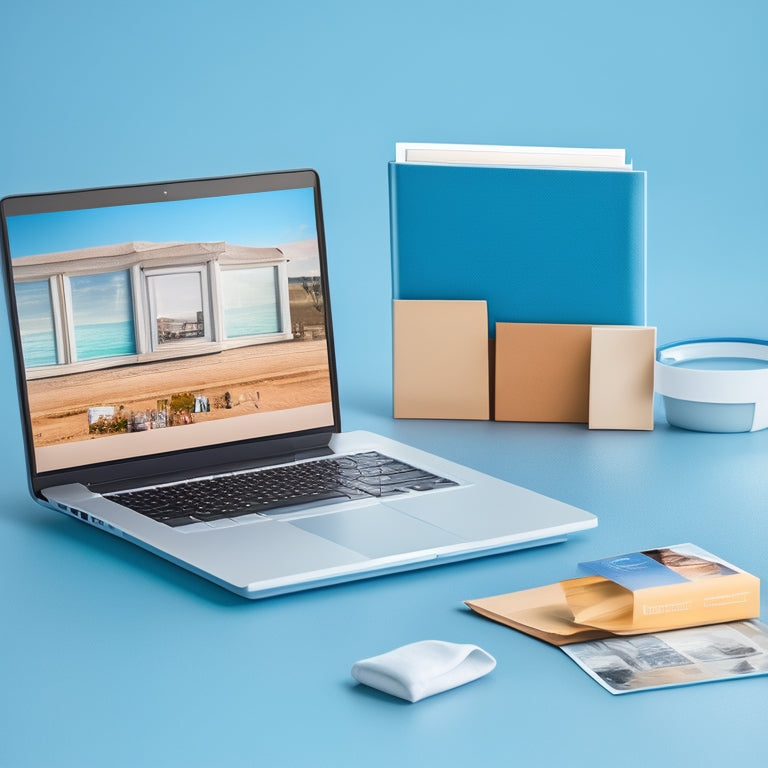 A stylized, minimalist illustration of a laptop screen displaying a tidy digital photo album, with neatly categorized folders and a few visually appealing photos peeking out, set against a soft, calming blue background.