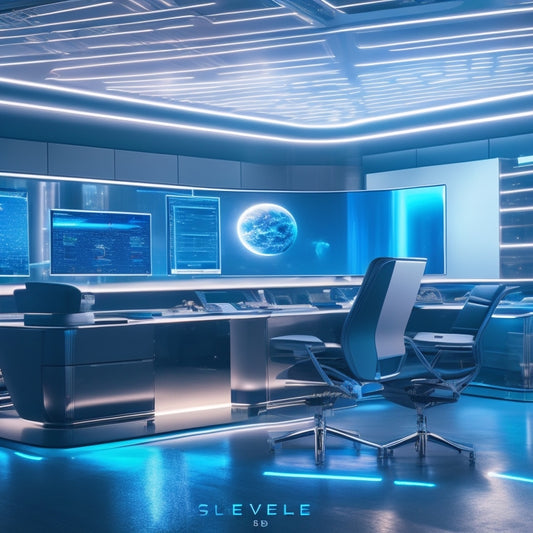 A futuristic, high-tech workspace with sleek, silver desks and ergonomic chairs, surrounded by holographic screens and orbiting 3D models of spaceships, with a subtle, neon-lit EVE Industries logo.