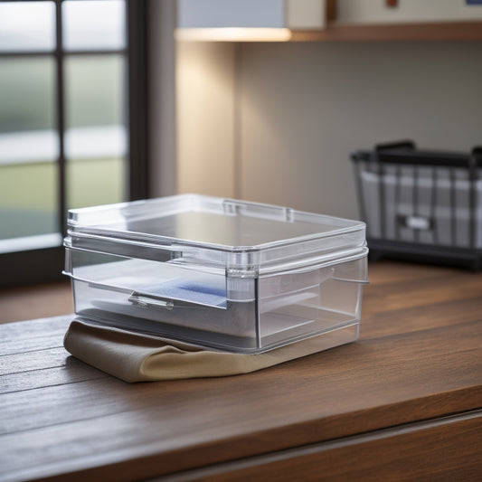 A clear, transparent plastic storage box with a secure latch, filled with neatly organized files and documents, sitting on a clean, wooden desk against a blurred, professional background.