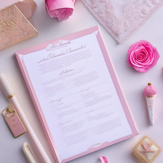 A stylized, dreamy illustration of a wedding planning essentials checklist, featuring a delicate lace border, a satin ribbon bookmark, and a scattering of rose petals around a elegant, cursive-checked box.