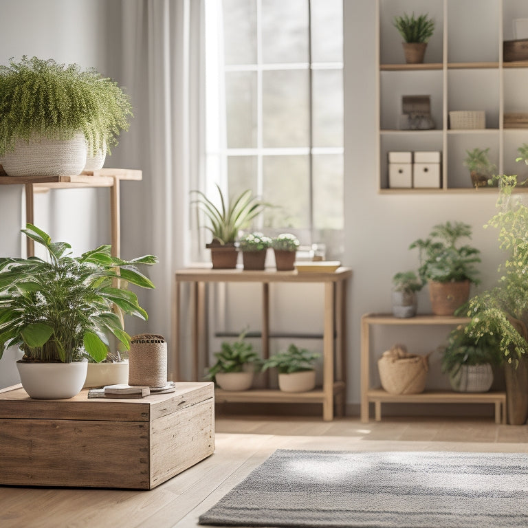 A serene, decluttered living room with a few organized storage bins, a minimalist coffee table, and a single, blooming potted plant on a natural wood shelf, surrounded by soft, warm light.
