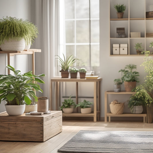 A serene, decluttered living room with a few organized storage bins, a minimalist coffee table, and a single, blooming potted plant on a natural wood shelf, surrounded by soft, warm light.