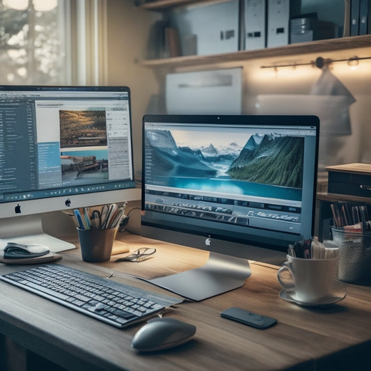 A cluttered desktop with scattered files, cords, and a overwhelmed expression on a laptop screen, transformed into a tidy digital workspace with organized folders, a calm laptop screen, and a serene background.